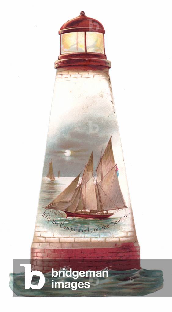 A Victorian die-cut shape card of a lighthouse with an image of yachts on a moonlit night on it, c.1880 (colour litho)