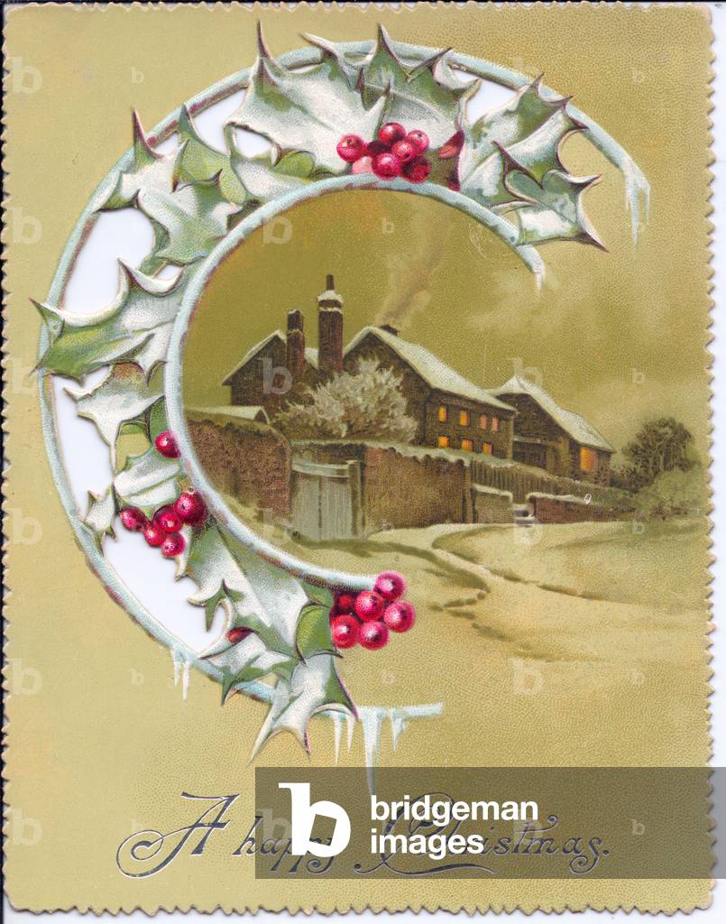 A Victorian Christmas card of holly and houses at night time, c.1880 (colour litho)