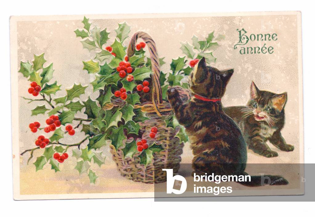 Edwardian postcard of two cats playing with a basket of holly, c.1910 (colour litho)