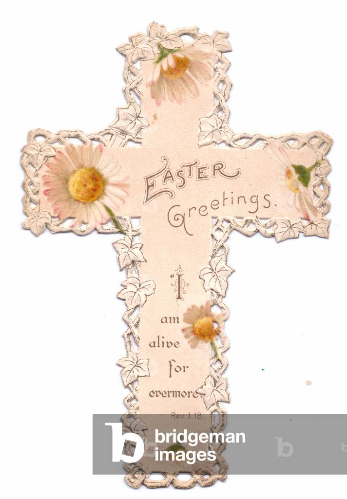 A Victorian religious Easter card of a die-cut cross edged with lattice and decorated with daisies, c.1880 (colour litho)