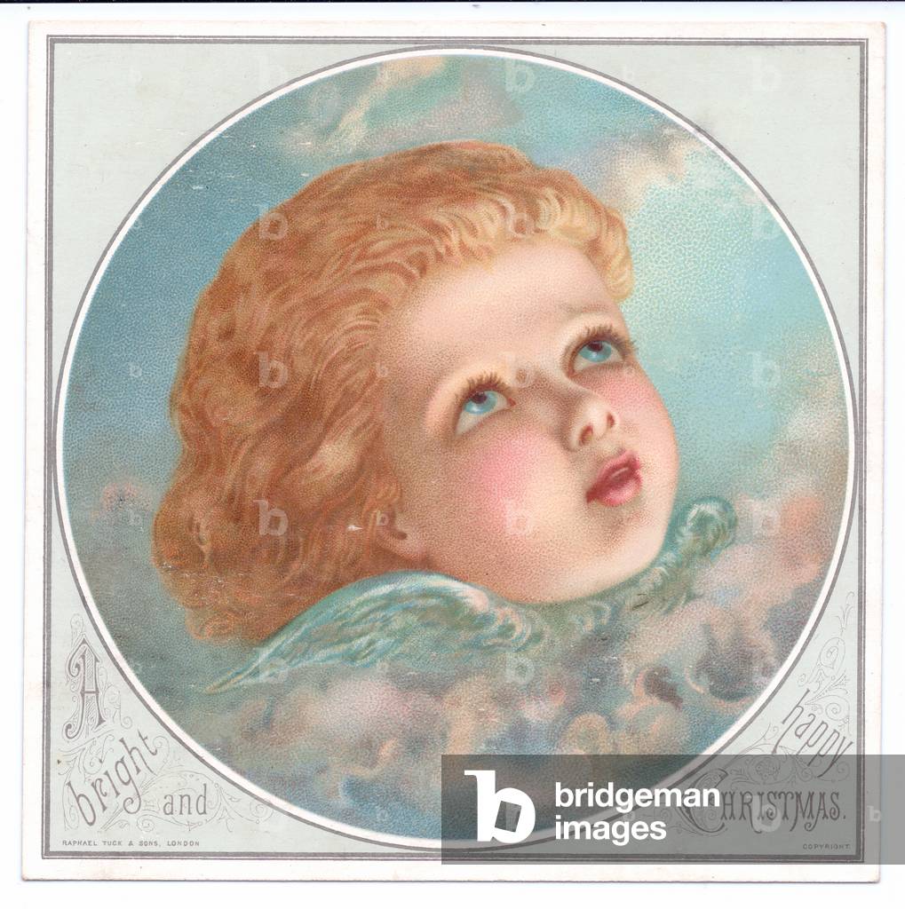 Victorian Christmas with the face of an angel looking skywards, c.1880 (colour litho)