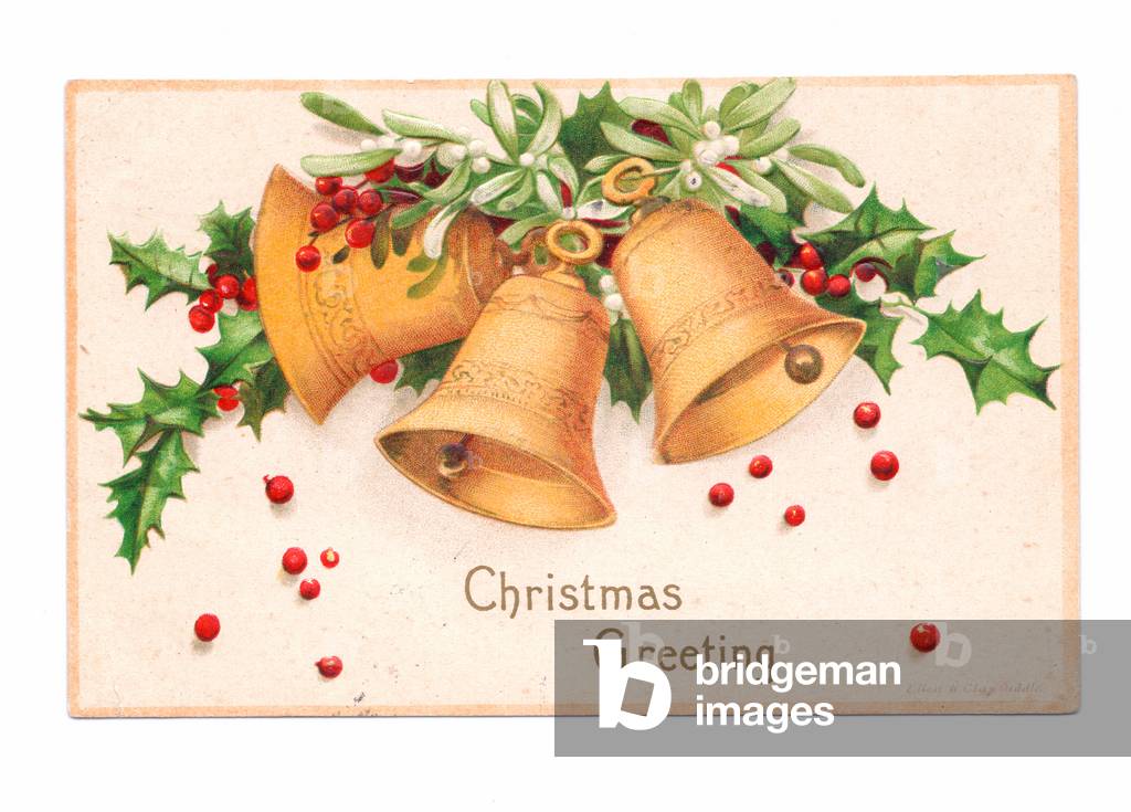 Edwardian Christmas postcard of holly and three bells, c.1910 (colour litho)