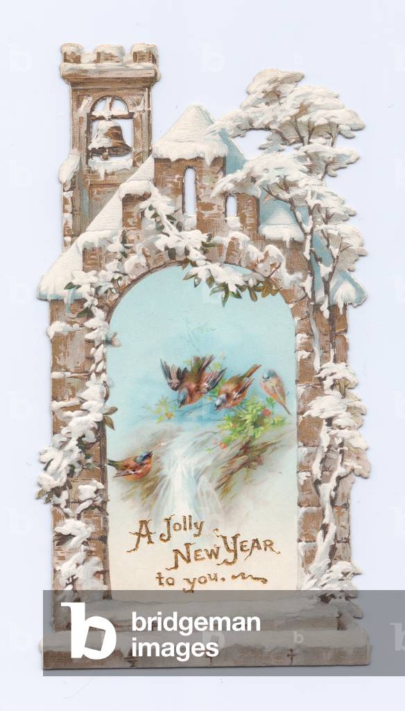 A Victorian Die-cut Shape New Year card of birds in a snow covered church, c.1880 (colour litho)