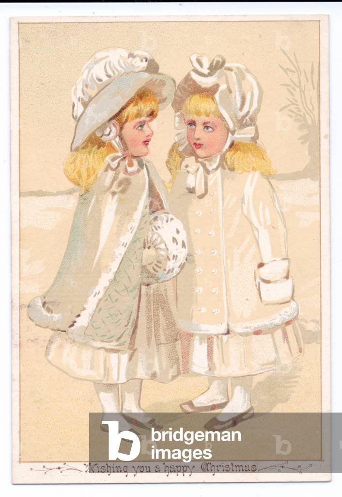 A Victorian Christmas card of two girls wearing bonnets and fur linded capes and coats looking at each other, c.1880 (colour litho)