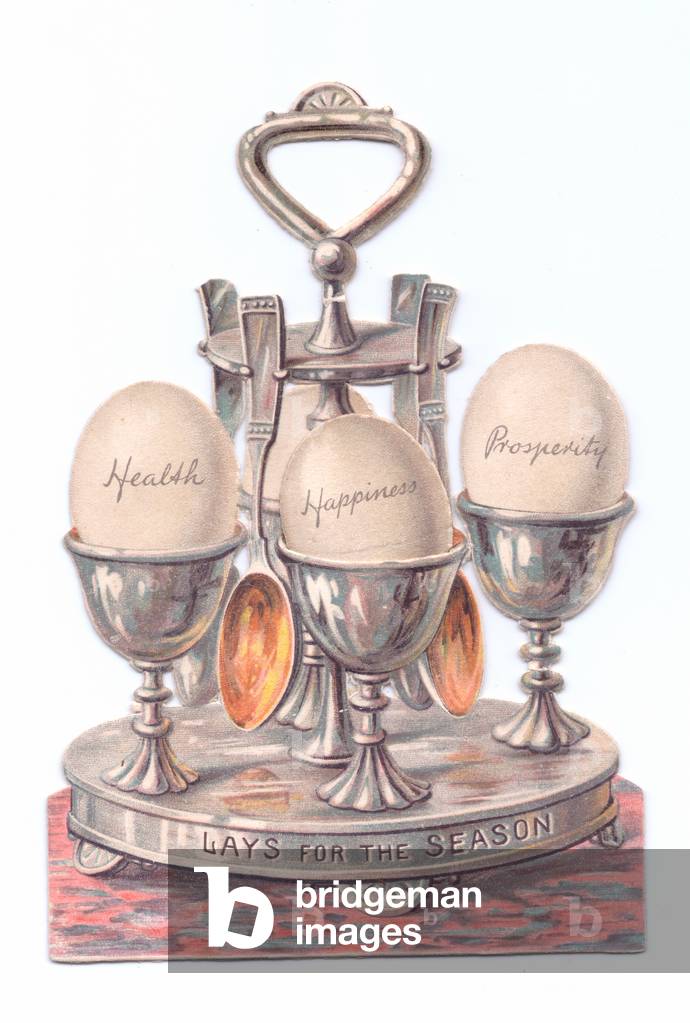 A Victorian die-cut shape card of an egg cruet with tree eggs in it, c.1880 (colour litho)