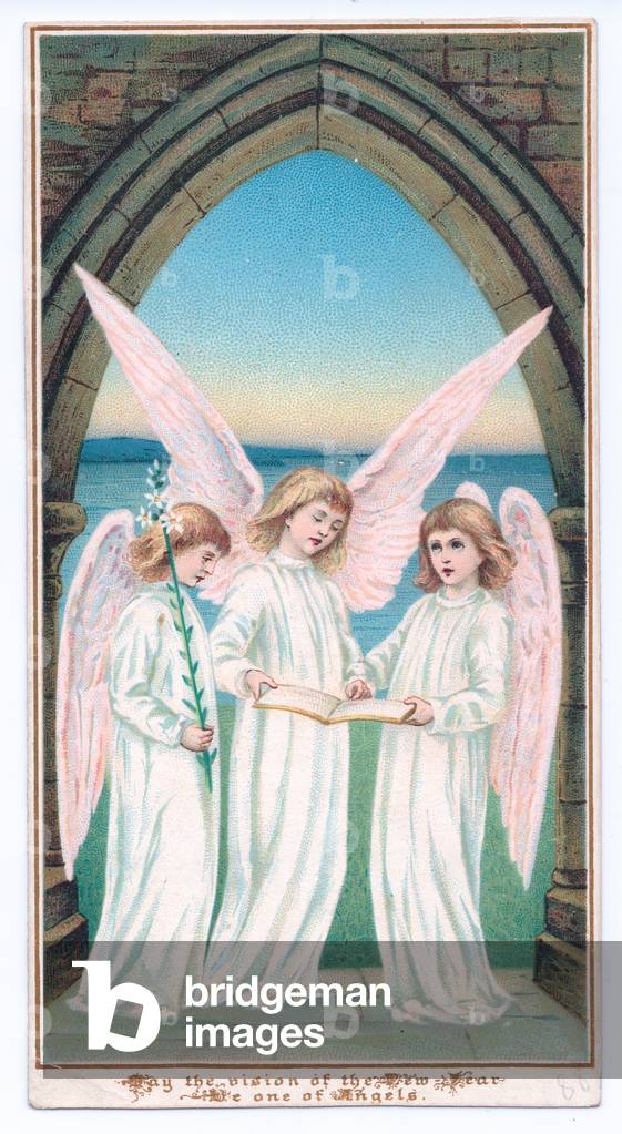 Victorian New Year card with three angels in a belfry looking at an open book, c. 1880 (colour litho)