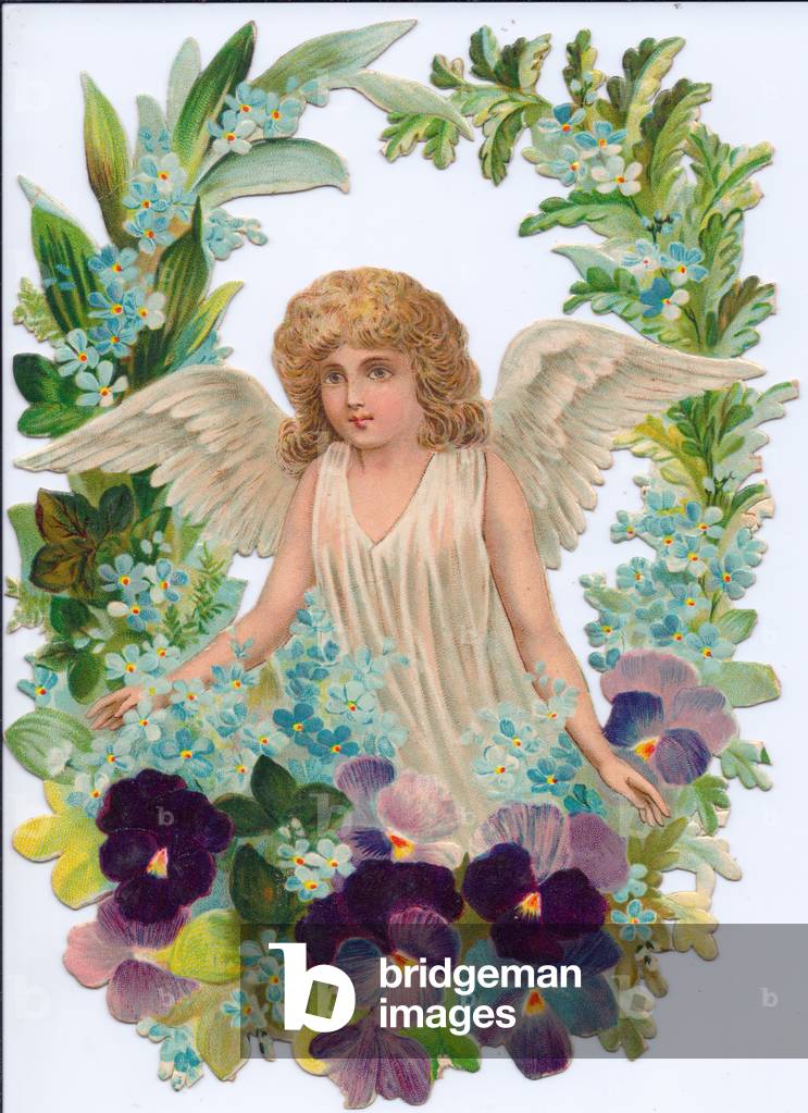 A Victorian Paper Scrap Relief of an angel in a circle of flowers, c.1880 (colour litho)