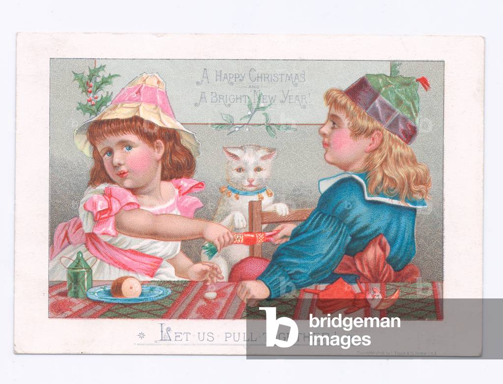 A Victorian Christmas and New Year card of two girls about to pull a Christmas cracker, c.1880 (colour litho)