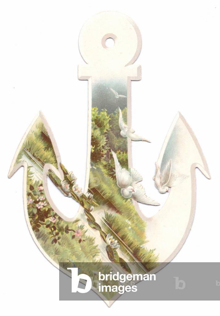 A Victorian die-cut shape card of an anchor with an image of flying doves on it, c.1880 (colour litho)