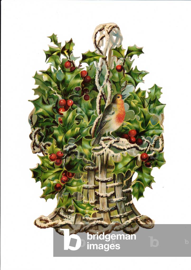 A Victorian Paper Scrap Relief of a basket of holly, c.1880 (colour litho)