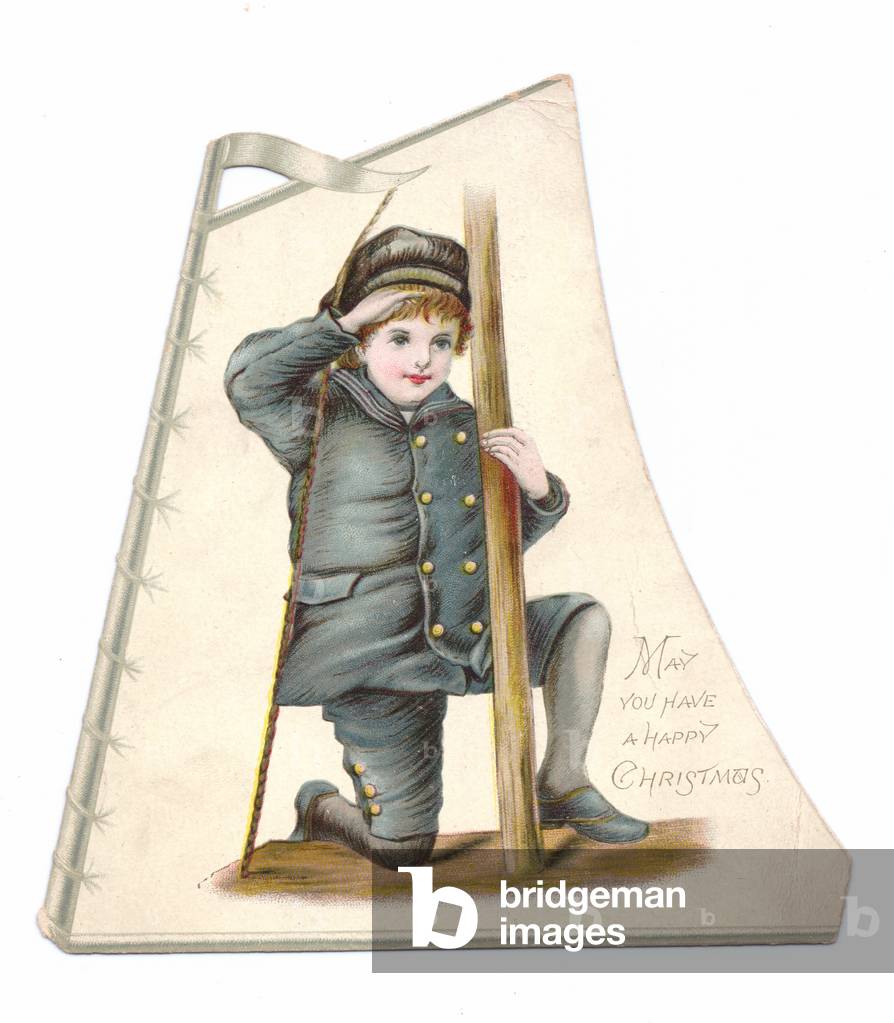 A Victorian Die-cut shape Christmas card of a boyin costume raising his hand in a salute, c.1880 (colour litho)
