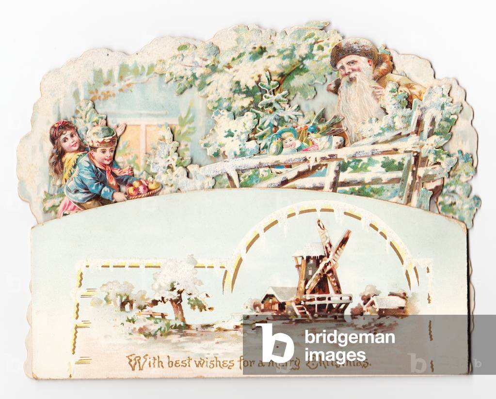 A Victiorian die cut pop up Christmas card of Santa and two children, c.1880 (colour litho)