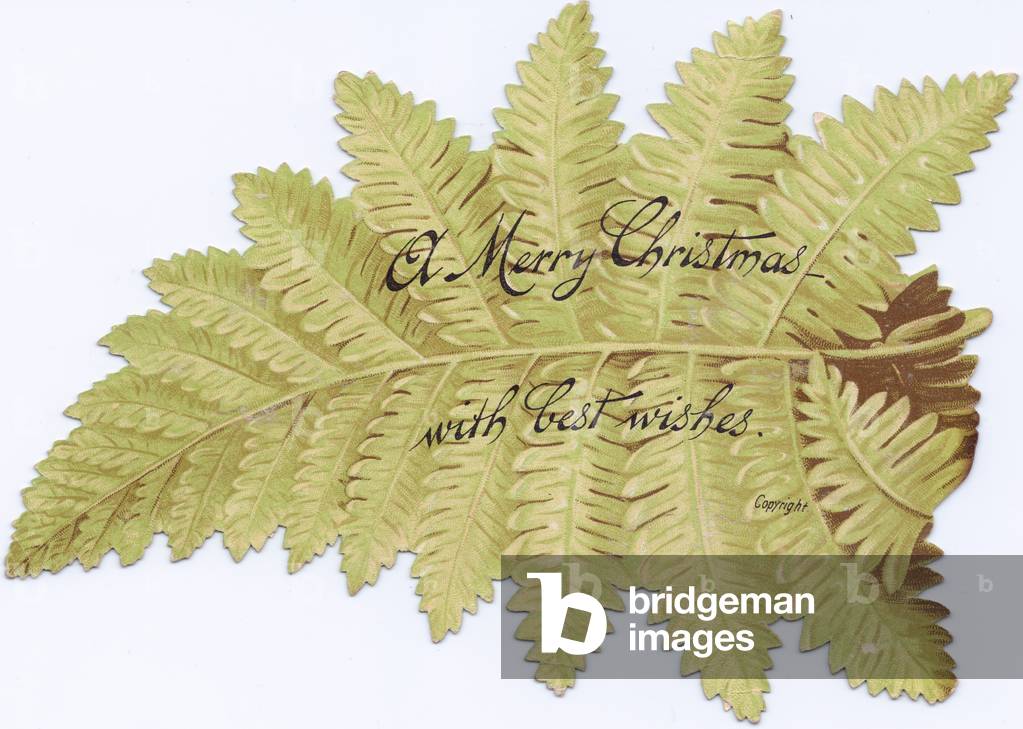 A Victorian die-cut shape Christmas card of a fern, c.1880 (colour litho)