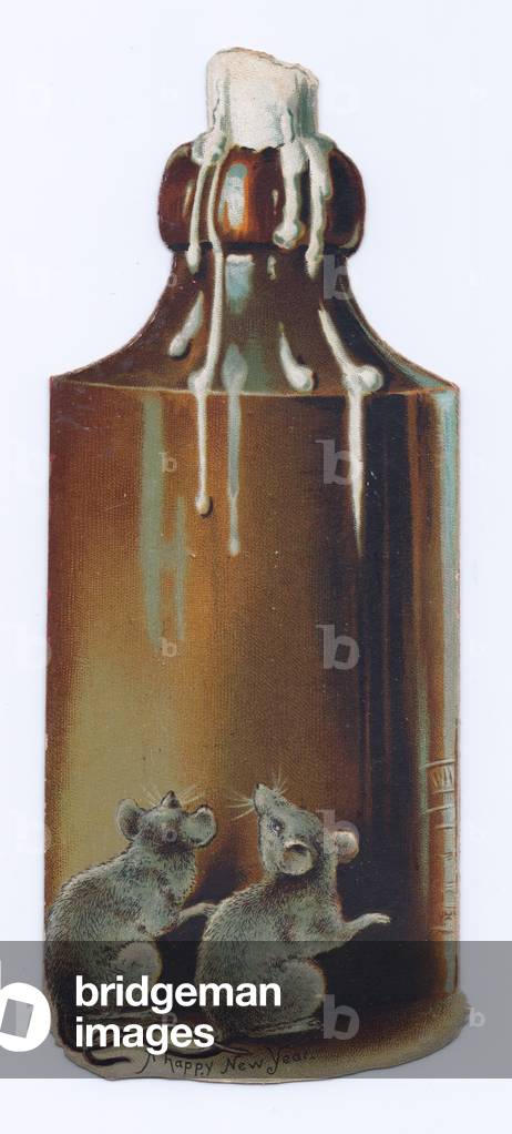 A Victorian die-cut shape card of a melted candle in a bottle, c.1880 (colour litho)