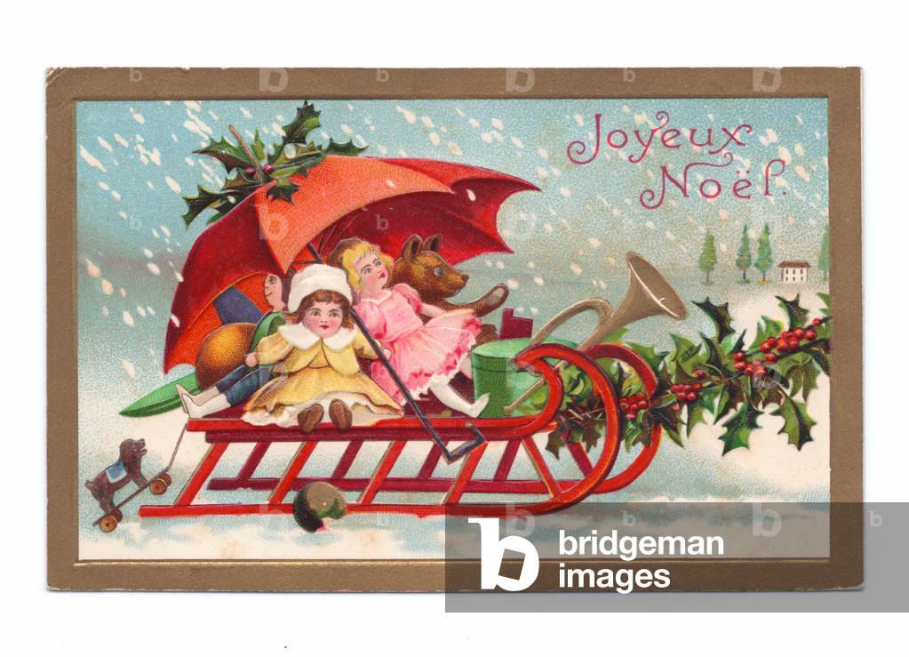 Edwardian New Year postcard of two dolls and a teddy bear on a  sleigh in the snow, c.1910 (colour litho)