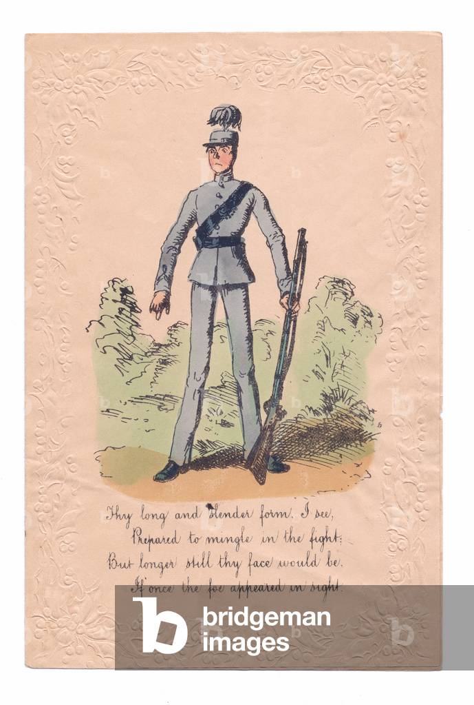 A Victorian hand coloured engraved and embossed Valentine card of a man dressed as a soldier with a humorous verse, c.1860 (colour litho)