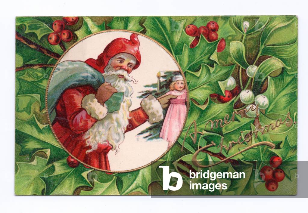 Edwardian Christmas postcard of Father Christmas with a sack across his shoulder holding a doll, c.1910 (colour litho)