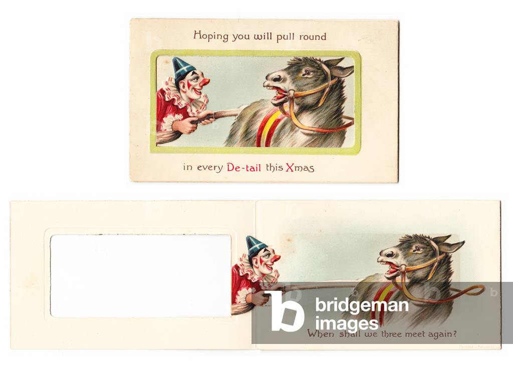 A Victorian mechanical Christmas card of a clown pulling a donkey's tail when the card is opened, c. 1890 (colour litho)