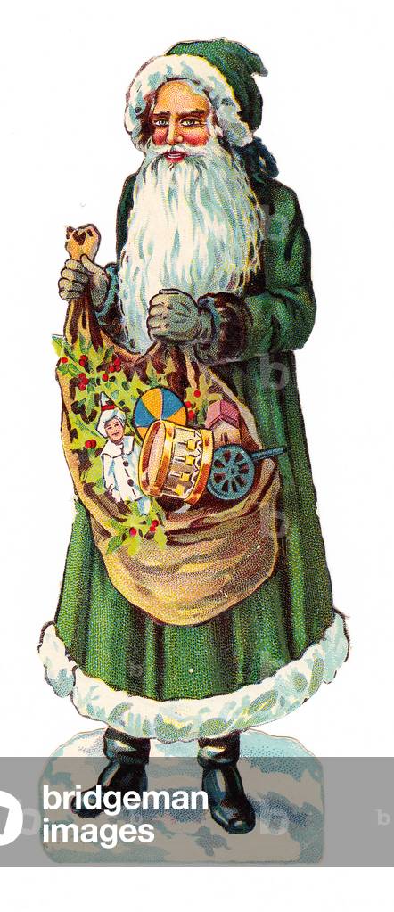 A Victorian Paper Scrap Relief of Father Christmas holding a sack of toys, c.1880 (colour litho)