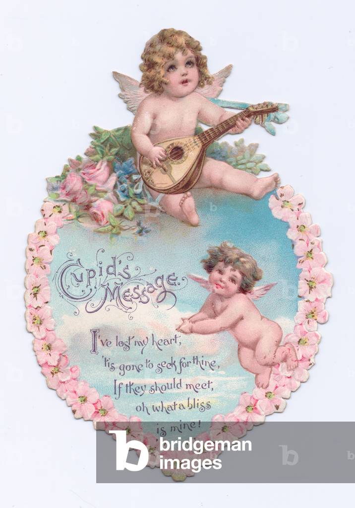 A Victorian die-cut shape Valentine card of a heart with cupid playing the banjo, c.1880 (colour litho)
