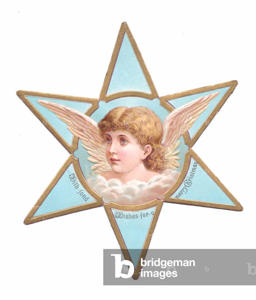 A Victorian die-cut star shape Christmas card of an angel, c.1880 (colour litho)