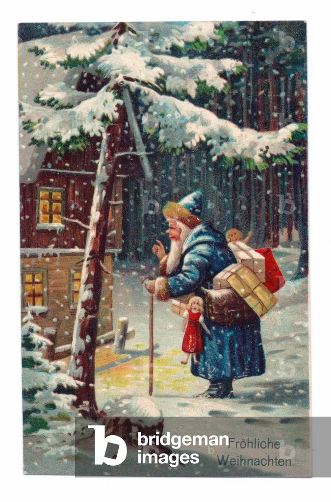 Edwardian postcard of Father Christmas with gifts and toys approaching a house on a snowy night, c.1910 (colour litho)