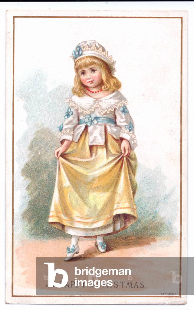 A Victorian Christmas card of a girl dressed in costume holding her gold skirt, c.1880 (colour litho)