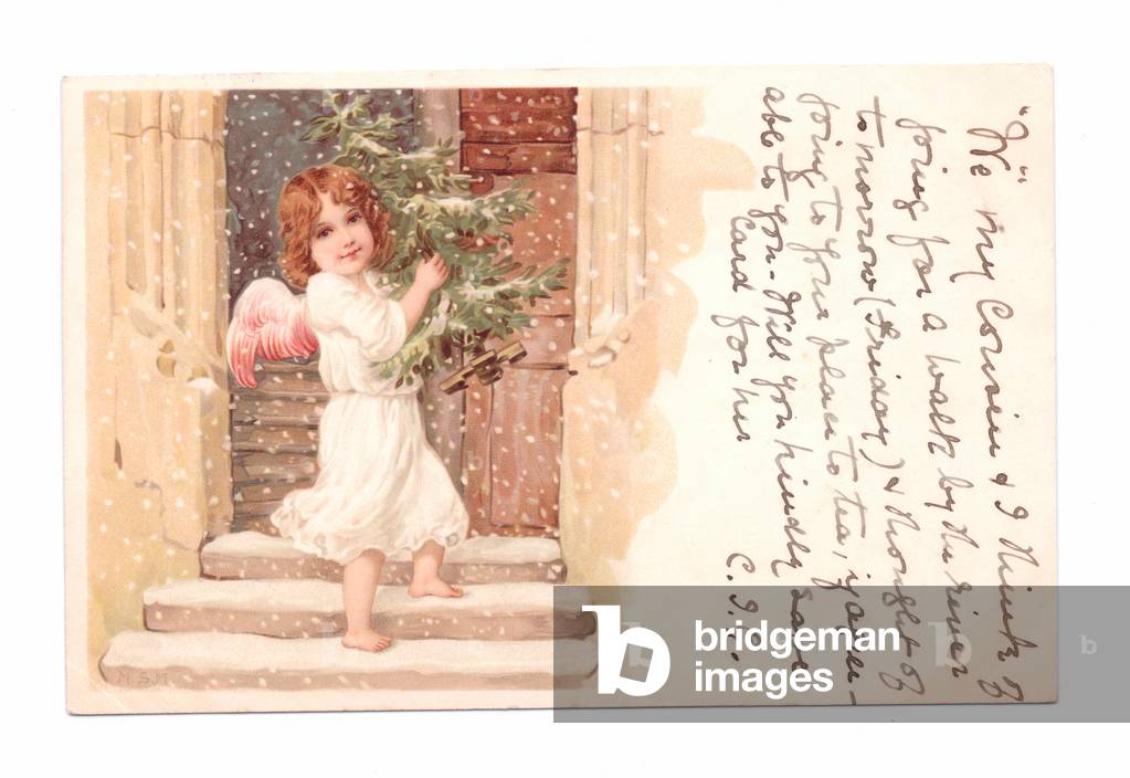 Edwardian postcard of an angel holding a Christmas tree in the falling snow, c.1910 (colour litho)
