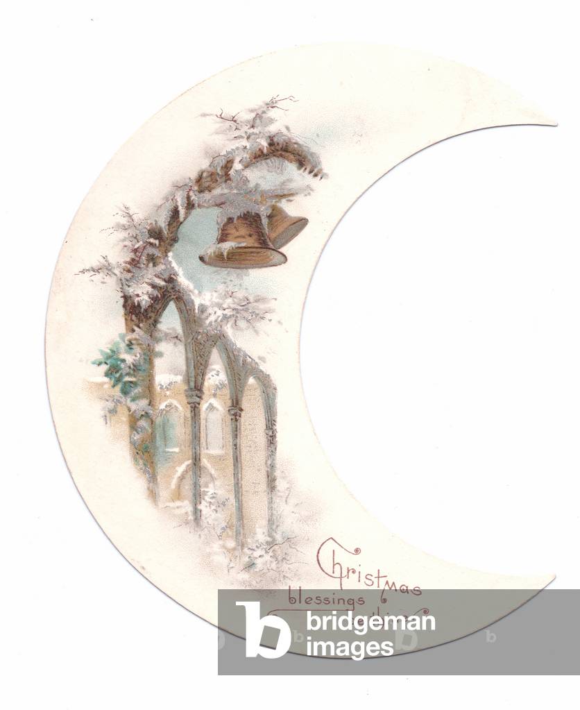 Victorian crescent shaped Christmas card of two snow covered bells on a snow covered branch,.1880 (colour litho)