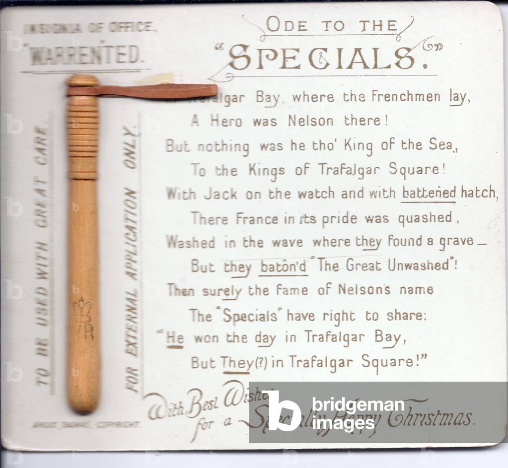 A Victorian Christmas card of a special policeman's truncheon and a poem on the battle of Trafalgar, c.1890 (colour litho)
