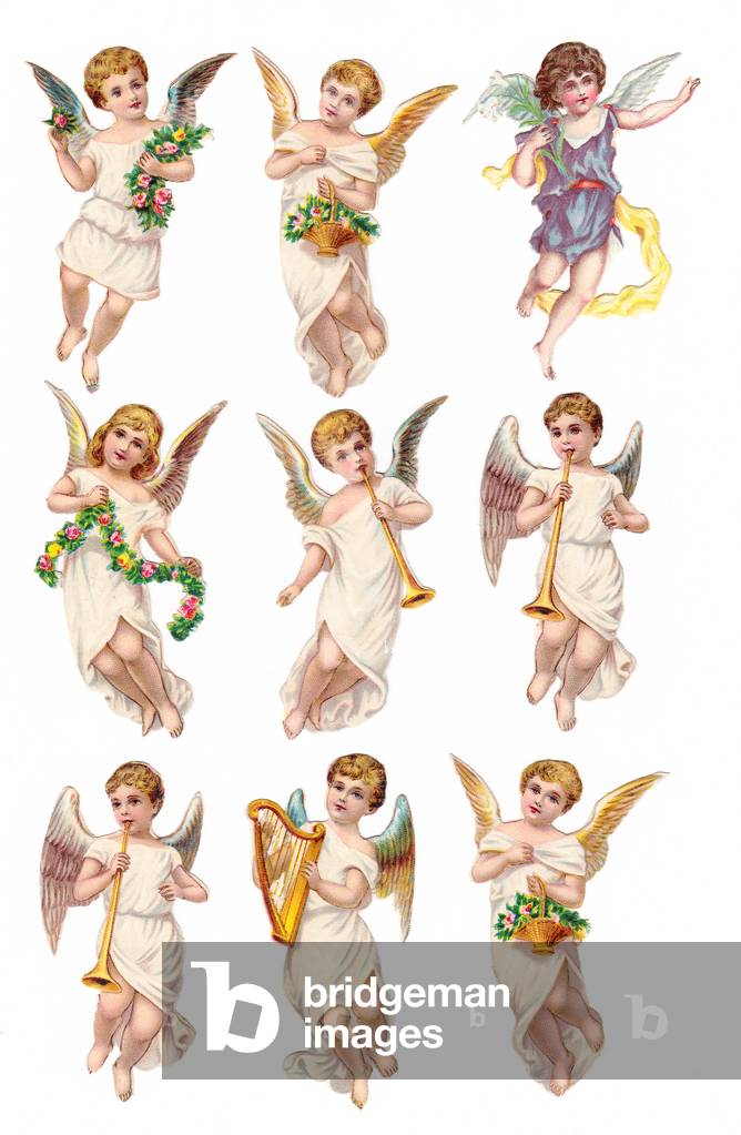 A Victorian Paper Scrap Relief of angels holding garlands of flowers, a harp or a trumpet on a sheet, c.1880 (colour litho)