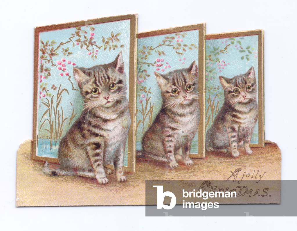 A Victorian Christmas card of kittens in front of a flowered screen, c.1880 (colour litho)