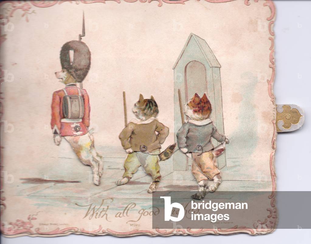 A Victorian embossed mechanical greeting card of two cats in human clothes mimicking a dog dressed as a sentry, c.1880 (colour litho)
