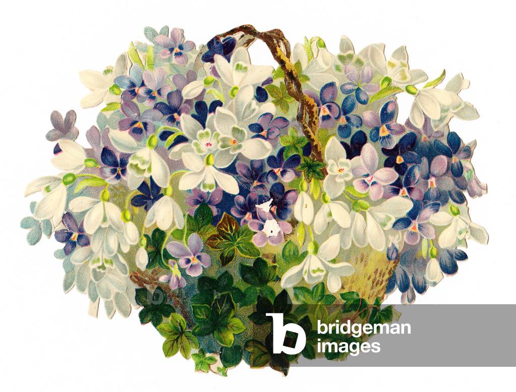 A Victorian Floral Paper Scrap Relief of snowdrops and violets in a wicker basket, c.1880 (colour litho)