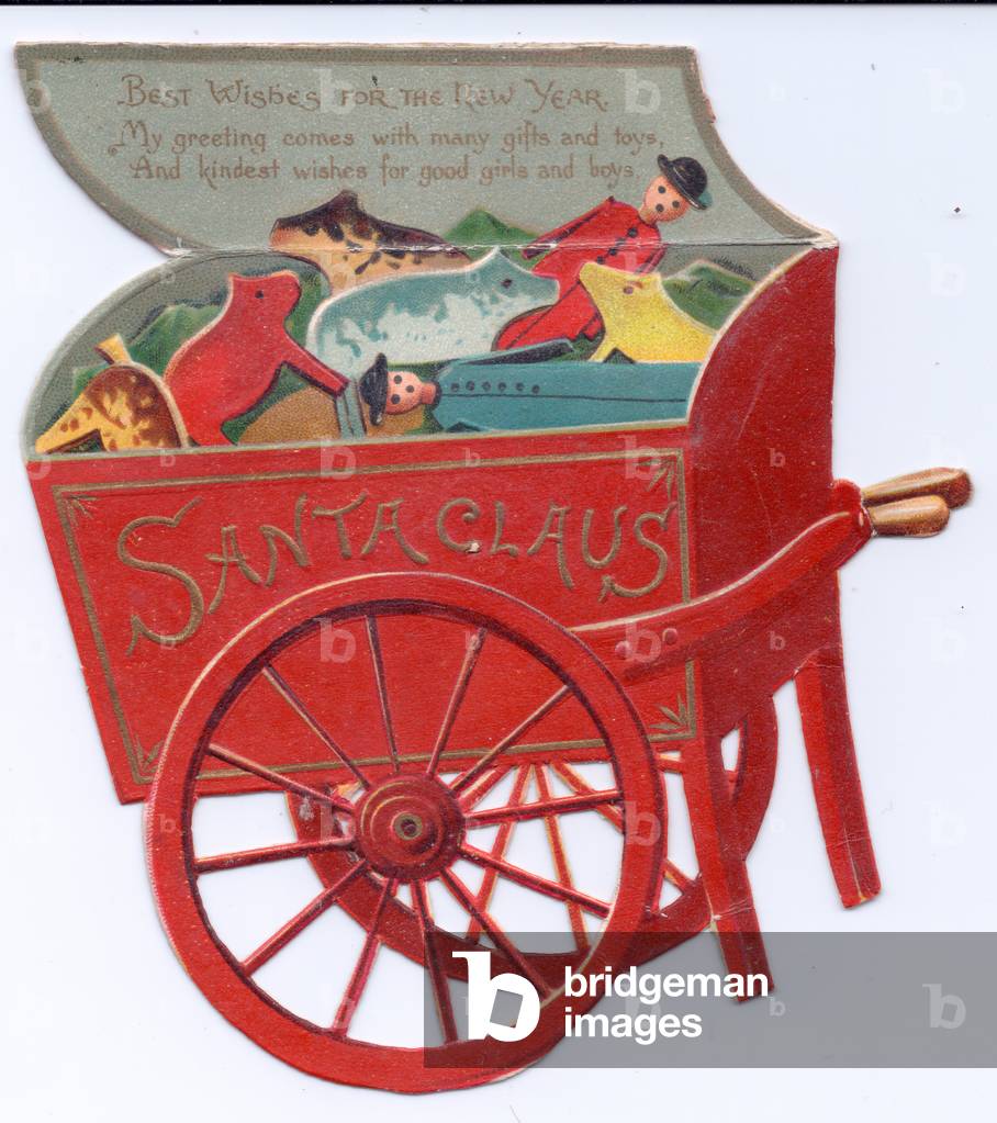 The inside of a Victorian die cut New Year card depicting toys in a Santa Claus cart, c 1880 (colour litho)