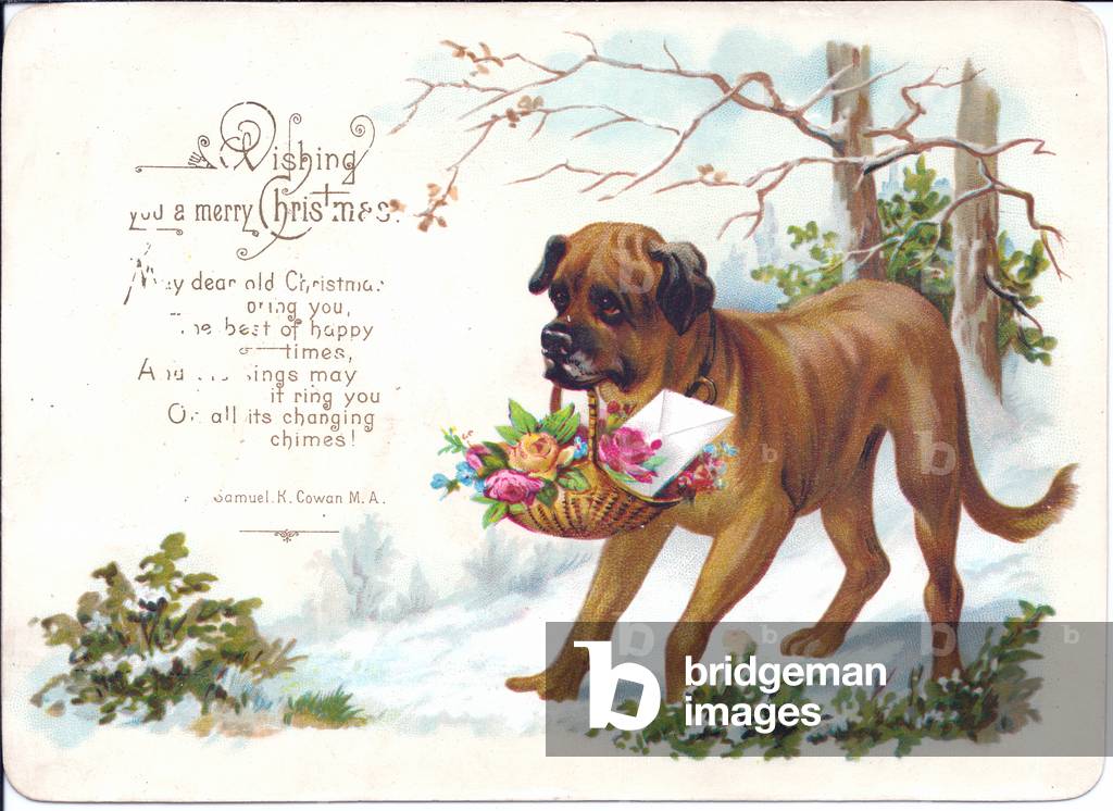 A Victorian Christmas card of a dog carrying a basket of roses and forget-me-nots in his jaw, c.1880 (colour litho)