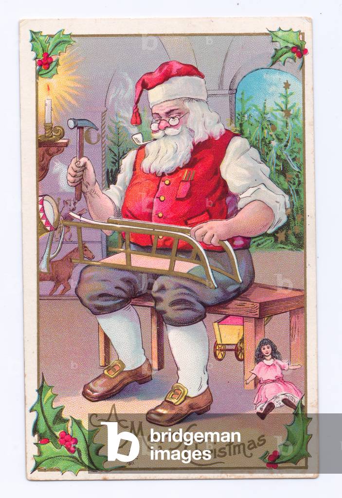 Edwardian Christmas postcard of Father Christmas sitting on a stool and hammering a nail through a sledge, c.1910 (colour litho)