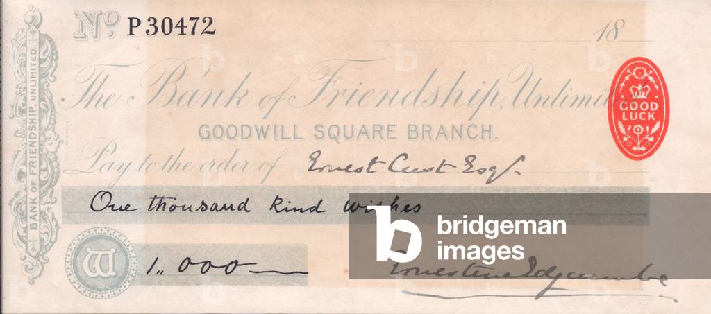 A greeting cheque from  the Bank of Friendship Unlimited for 1,000 kind wishes, c. 1880 (colour litho)