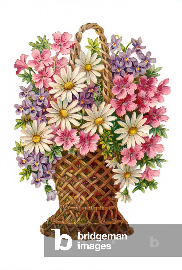 A Victorian Floral Paper Scrap Relief of daisy and violets in a wicker basket, c.1880 (colour litho)