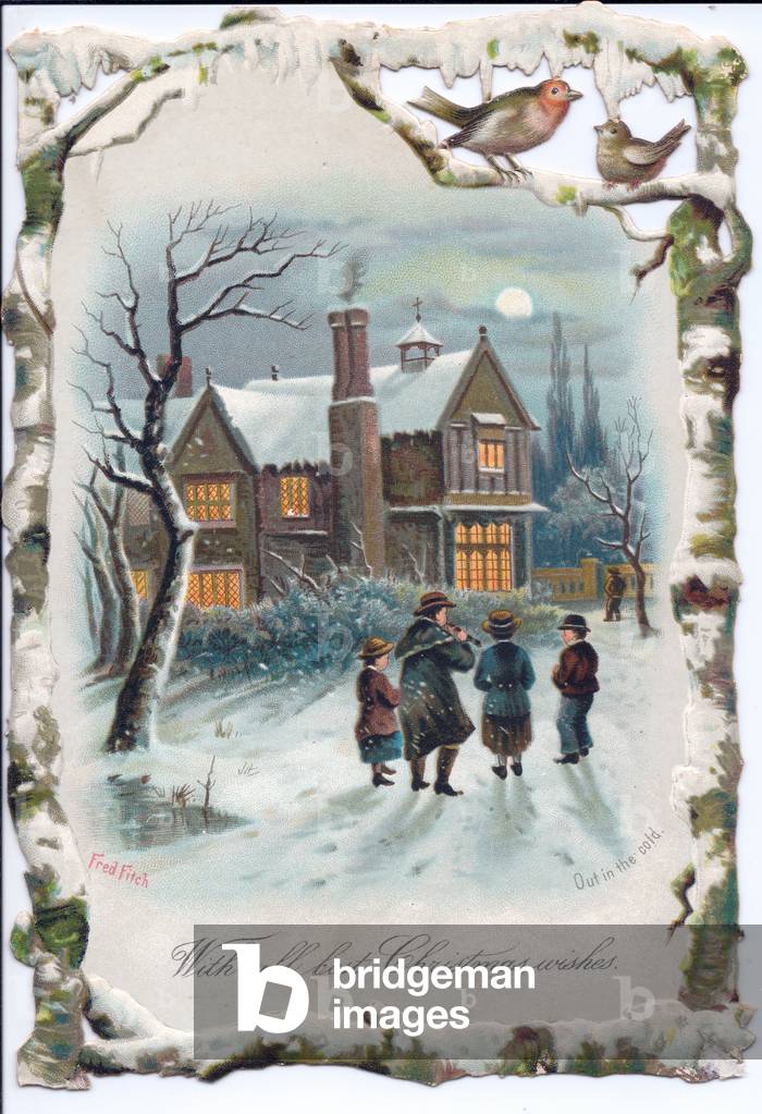 A Victorian Christmas card of four people approaching a mansion on a snowy moonlit night, c.1880 (colour litho)