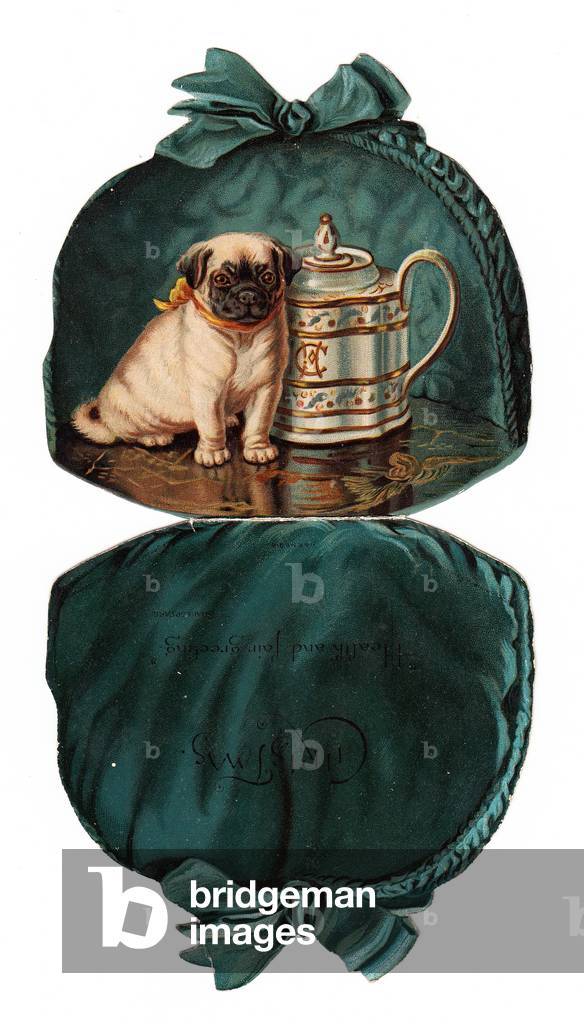 The inside of a Victorian die cut Christmas card depicting a puppy next to a teapot in a velvet purse, c 1880 (colour litho)