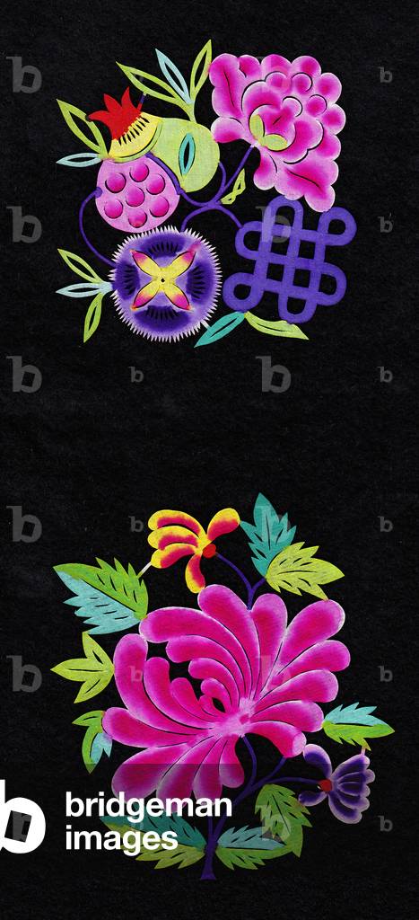 Chinese paper-cut of a floral arrangement with a pomegranate, c.1960 (hand-coloured and hand-cut)
