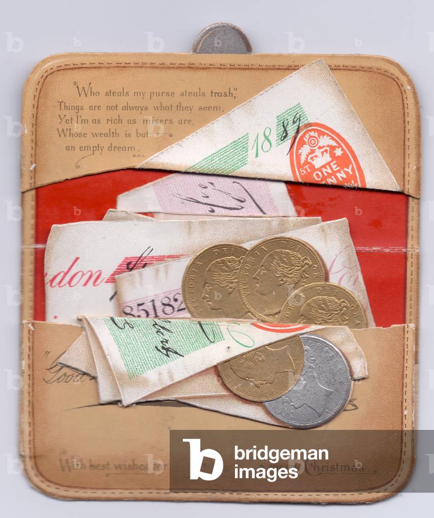 A Victorian Christmas card of an open purse filled with coins and bank notes, c. 1880 (colour litho)