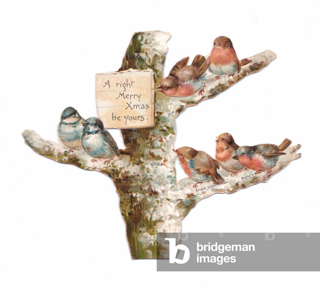 A Victorian Die-cut Shape Christmas card of birds perched on branches of a tree, c.1880 (colour litho)