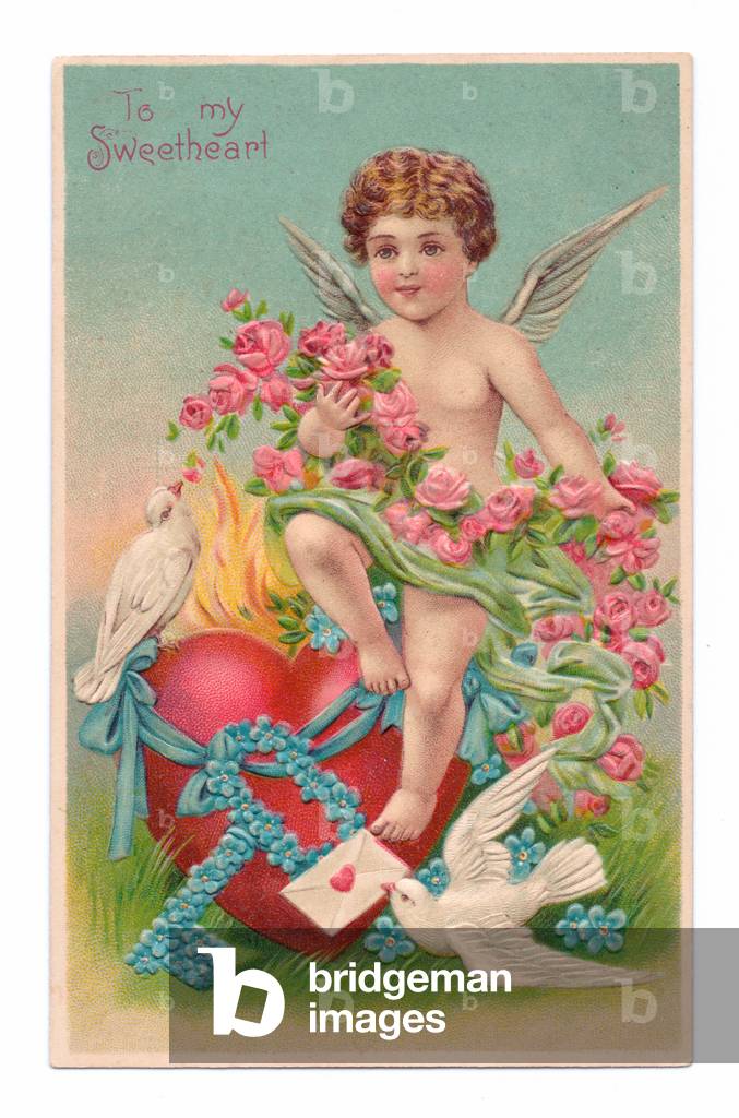 Edwardian valentine postcard of an angel sitting on a heart clutching a garland of roses while a flying dove holds a letter in it's beak, c.1910 (colour litho)