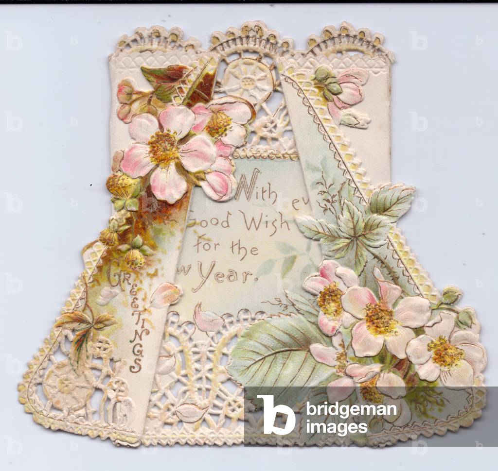 An intricate folding die-cut New Year Card with roses, circa 1910 (coloured lithograph)