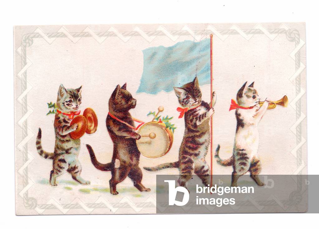 A Victorian greeting card of a cats carrying a flag and playing musical instruments, c.1880 (colour litho)