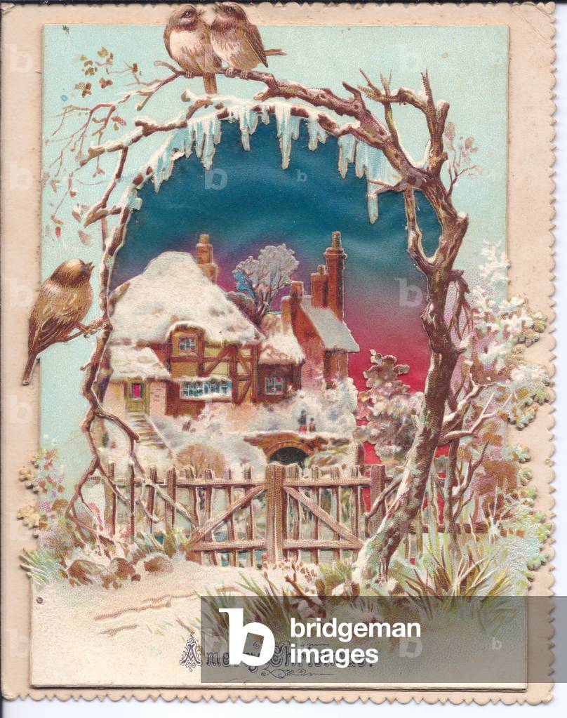 A Victorian hold-to-light Christmas Card of a cottage and winter scene. Light shines through the sky and windows when the card is held to a light source, circa 1890 (coloured lithograph)