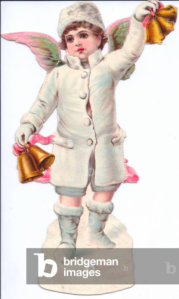 A Victorian Paper Scrap Relief of an angel holding bells, c.1880 (colour litho)