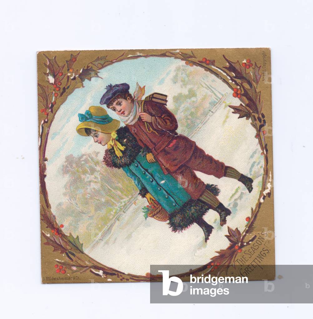 A Victorian greeting card of a boy carrying books on his back and a girl with a basket of holly taking a stroll in the snow, c.1880 (colour litho)